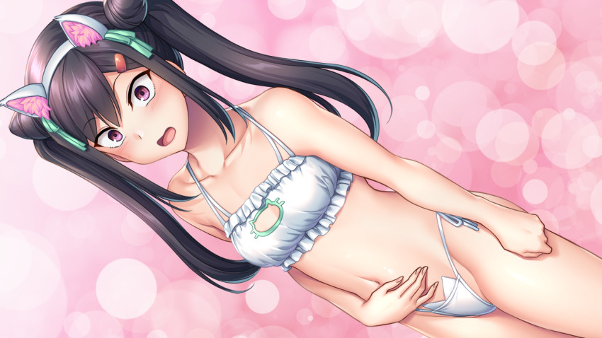1girl :o aiue_oka animal_cutout animal_ear_hairband animal_ears arm_at_side bikini black_hair bra breasts cat_cutout cat_ear_hairband cat_ear_panties cat_ears cat_lingerie cleavage_cutout clothing_cutout cone_hair_bun double_bun fake_animal_ears frilled_bra frills game_cg hair_bun hairband hand_on_own_stomach long_hair looking_at_viewer meme_attire navel non-web_source official_art open_mouth panties pink_background polka_dot polka_dot_background saimin_seishidou saimin_seishidou_-secret_lesson- side-tie_panties small_breasts solo surprised swimsuit twintails underwear underwear_only white_bra yuuki_airi