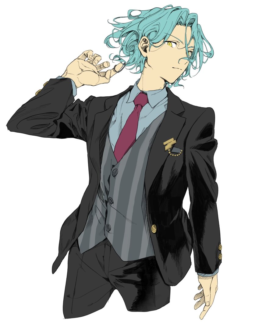 1boy arm_at_side black_jacket black_pants blazer blue_hair buttons closed_mouth collared_shirt commentary_request cowboy_shot ensemble_stars! fingernails hand_up highres himeru_(ensemble_stars!) jacket lapel_chain lapels long_sleeves looking_at_viewer male_focus necktie notched_lapels open_clothes open_jacket pants red_necktie setubigo shirt short_hair simple_background solo white_background yellow_eyes