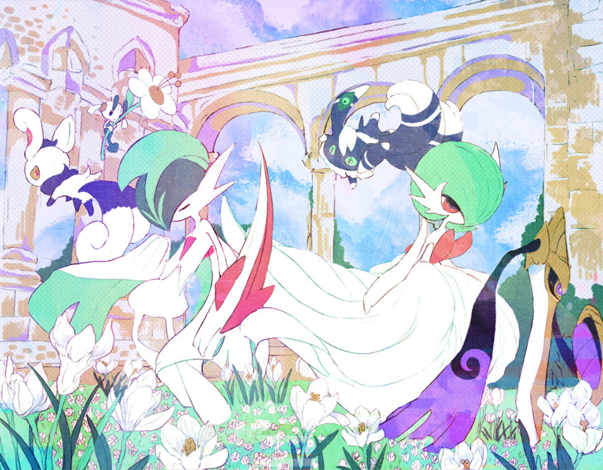 aegislash arcade_(architecture) arch arm_blade black_fur bob_cut cape closed_eyes dress field flabebe flower flower_field gallade gardevoir gen_3_pokemon gen_4_pokemon gen_6_pokemon grass green_eyes green_hair holding holding_shield kappaman mega_gallade mega_gardevoir mega_pokemon meowstic meowstic_(female) meowstic_(male) nintendo pillar pink_eyes pokemon pokemon_(creature) shield sword two-tone_fur weapon white_cape white_dress white_fur yellow_eyes