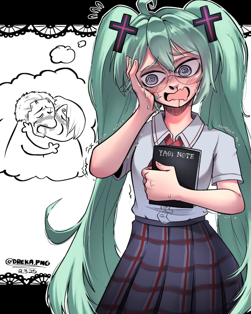 1girl @_@ aqua_hair aroused_nosebleed ascot book confessions_of_a_rotten_girl_(vocaloid) cross_hair_ornament dated dreka glasses hair_ornament hand_on_own_cheek hand_on_own_face hatsune_miku highres holding holding_book long_hair meme one_piece opaque_glasses plaid_clothes plaid_skirt pleated_skirt pornography red_ascot roronoa_zoro round_eyewear sanji_(one_piece) shirt shirt_tucked_in short_sleeves skirt solo_focus speech_bubble sweat thought_bubble twintails twitter_username very_long_hair white_shirt yaoi yaoi_(object) yoshi_and_toad_kissing_(meme)