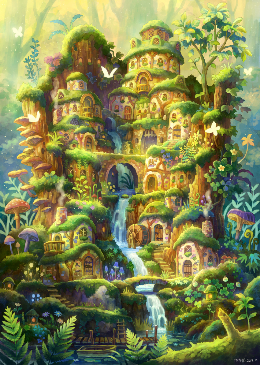 bird boat door fantasy fern flower highres house kemi_neko ladder log mushroom original plant scenery tree water water_wheel watercraft waterfall window
