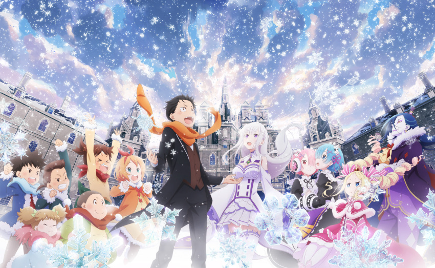 beatrice_(re:zero) emilia_(re:zero) highres long_hair multiple_boys multiple_girls natsuki_subaru natsumi_schwarz official_art open_mouth orange_hair petra_leyte ram_(re:zero) re:zero_kara_hajimeru_isekai_seikatsu red_ribbon rem_(re:zero) ribbon roswaal_l._mathers roswaal_mansion_maid_uniform roswell_l._mathers short_hair