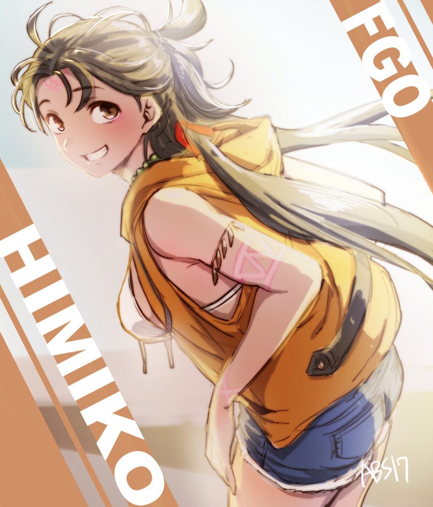 1girl aoba_(smartbeat) bare_shoulders bead_necklace beads bikini bikini_top_only blue_shorts breasts brown_eyes brown_hair character_name contemporary cutoffs denim denim_shorts facial_mark fate/grand_order fate_(series) forehead forehead_mark grin highres himiko_(fate) himiko_(tour_outfit)_(fate) hood hooded_vest hoodie jewelry large_breasts long_hair looking_at_viewer necklace orange_vest revision short_shorts shorts sideboob smile solo swimsuit thighs topknot twintails vest white_bikini