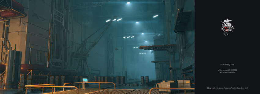 artist_name box_stack ceiling_light commentary company_name copyright_name copyright_notice crane_(machine) english_commentary erich girls&#039;_frontline highres in-universe_location indoors industrial_pipe motor_vehicle no_humans official_art paint_palette scenery screen truck twitter_username warehouse watermark web_address weibo_username