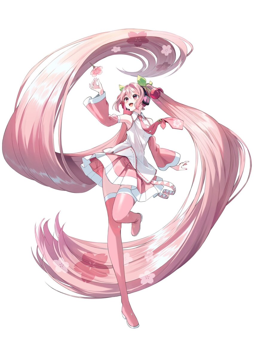 1girl :d arm_up bare_shoulders blush boots breasts cherry_hair_ornament collared_shirt commentary_request detached_sleeves floating_hair flower food-themed_hair_ornament hair_ornament hatsune_miku headphones headset highres long_hair long_sleeves necktie open_mouth pentagon_(railgun_ky1206) pink_boots pink_eyes pink_flower pink_hair pink_necktie pink_skirt pink_sleeves pleated_skirt sakura_miku shirt simple_background skirt sleeveless sleeveless_shirt small_breasts smile solo standing standing_on_one_leg thigh_boots twintails very_long_hair vocaloid white_background white_shirt wide_sleeves