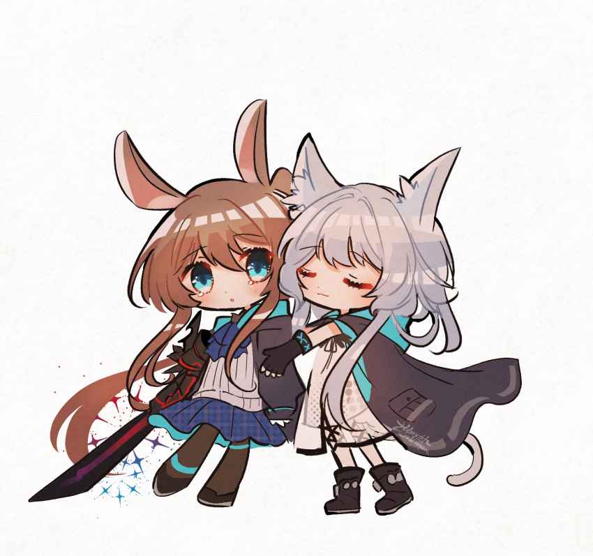2girls :o amiya_(arknights) amiya_(guard)_(arknights) animal_ears arknights ascot black_footwear black_gloves black_jacket black_pantyhose blue_ascot blue_eyes blue_skirt bracelet brown_hair cat_ears cat_girl cat_tail chibi closed_eyes closed_mouth commentary dress fingerless_gloves full_body gloves highres holding holding_sword holding_weapon incoming_hug infection_monitor_(arknights) jacket jewelry long_hair long_sleeves multiple_girls oonohara_kenya pantyhose parted_lips ponytail rabbit_ears rabbit_girl rosmontis_(arknights) short_hair sidelocks simple_background skirt sleeves_past_wrists sword tail very_long_hair weapon white_background white_dress white_hair