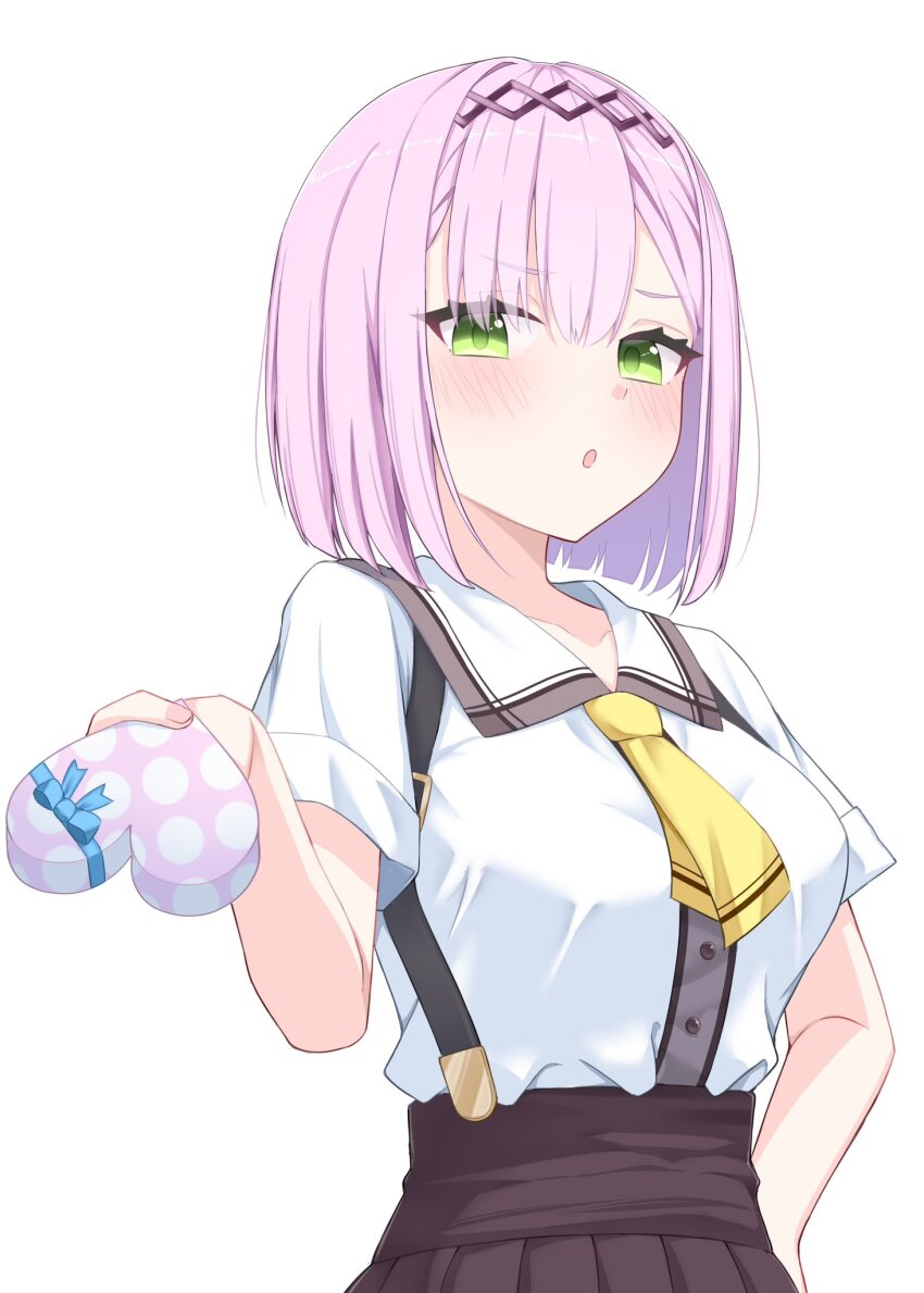 1girl :o black_hairband blue_bow blue_ribbon blunt_ends blush bob_cut bow box breasts brown_skirt collared_shirt commentary_request cowboy_shot eyes_visible_through_hair furrowed_brow gift green_eyes hair_between_eyes hairband hand_on_own_hip hand_up heart-shaped_box highres holding holding_gift large_breasts looking_at_viewer medium_hair necktie open_mouth pink_hair pleated_skirt ribbon school_uniform shirt short_sleeves shy simple_background skirt solo straight_hair suspender_skirt suspenders tanikaze_amane tenshi_souzou_re-boot! tsurime valentine white_background white_shirt yamichi_(yamichi8369) yellow_necktie