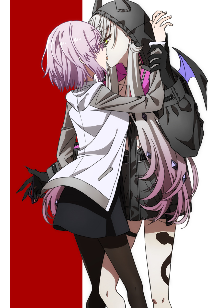 2girls black_hands black_jacket breasts colored_extremities demon_girl demon_horns demon_wings fate/grand_order fate_(series) glasses green_eyes grey_hair hair_over_one_eye highres horns jacket kiss lilith_(fate) lilith_(first_ascension)_(fate) long_hair long_sleeves low_twintails mash_kyrielight multiple_girls oiun pantyhose pink_hair purple_eyes short_hair twintails wings yuri