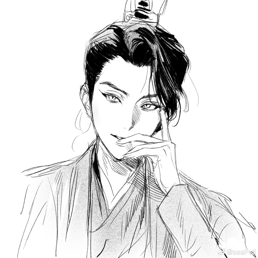 1boy character_request chinese_clothes chinese_commentary commentary_request copyright_request fingernails greyscale hand_on_own_cheek hand_on_own_face hanfu highres long_sleeves looking_at_viewer male_focus monochrome parted_lips seapall short_hair simple_background smile solo teeth thick_thighs thighs topknot updo upper_body watermark weibo_watermark white_background