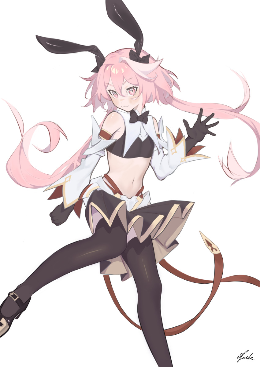 1boy absurdres animal_ears astolfo_(fate) astolfo_(saber)_(fate) astolfo_(saber)_(first_ascension)_(fate) ballet_slippers black_bow black_bowtie black_gloves black_thighhighs bow bowtie closed_mouth detached_sleeves fake_animal_ears fang fate/grand_order fate_(series) gloves gold_trim guoyangzi12 hair_bow hair_intakes highres light_blush long_hair looking_at_viewer male_focus midriff multicolored_hair navel open_hand pink_eyes pink_hair pleated_skirt rabbit_ears red_ribbon ribbon signature simple_background skin_fang skirt smile solo streaked_hair thighhighs trap two-tone_hair white_background white_hair wing_collar