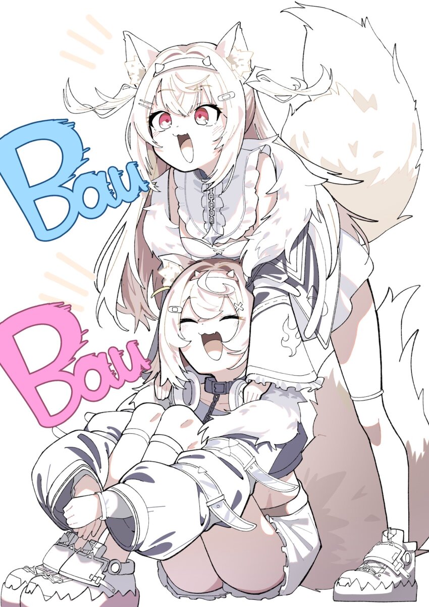 2girls animal_ears bandaid bandaid_hair_ornament breasts closed_eyes cropped_jacket dog_ears dog_girl dog_tail english_text fake_horns fang frilled_shorts frills fur-trimmed_jacket fur_trim fuwawa_abyssgard fuwawa_abyssgard_(1st_costume) hair_ornament hairband hands_on_another&#039;s_shoulders hanten_(hantennano) headphones headphones_around_neck highres hololive hololive_english horn_hairband horns jacket kneehighs knees_up leaning_on_person long_hair long_sleeves medium_breasts mococo_abyssgard mococo_abyssgard_(1st_costume) multiple_girls on_floor open_mouth partially_colored pink_eyes short_hair shorts siblings sisters skin_fang skirt smile socks tail twins virtual_youtuber