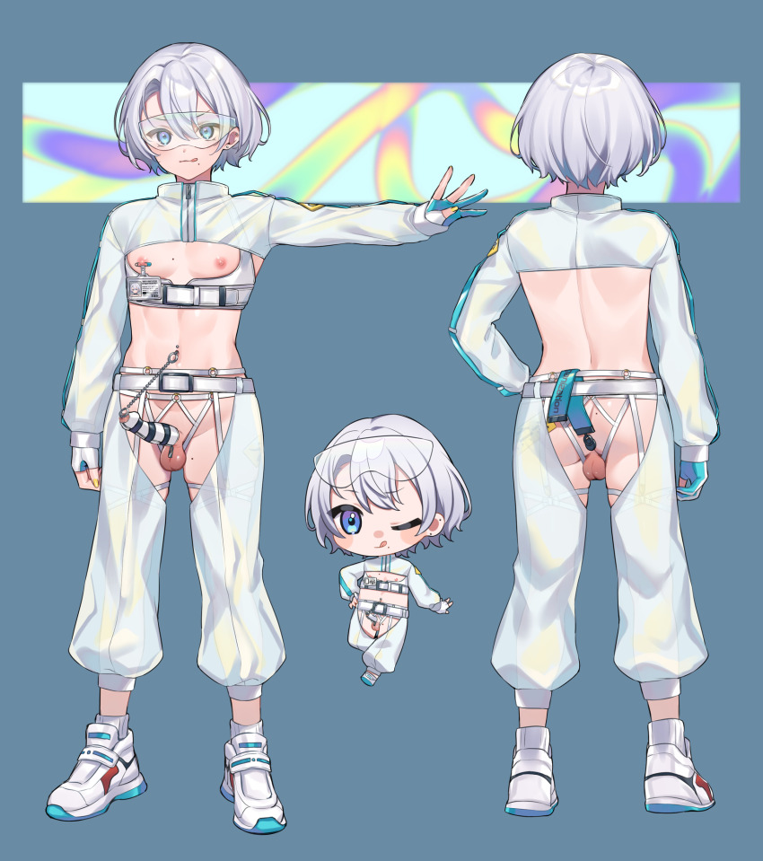 1boy :q anal anal_object_insertion ass back butt_plug chaps chibi commission earrings facing_away facing_viewer full_body gloves grey_hair highres id_card jacket jewelry kan&#039;yu_(citron_82) male_focus mole mole_on_ass mole_on_thigh mole_under_mouth nail_polish navel_piercing nipple_piercing nipples o-ring object_insertion one_eye_closed original partially_fingerless_gloves penis penis_piercing penis_sheath piercing reference_sheet revealing_clothes safety_glasses safety_pin safety_pin_piercing sex_toy shoes skeb_commission sneakers solo standing testicles toned toned_male tongue tongue_out trap white_jacket white_shoes yellow_nails