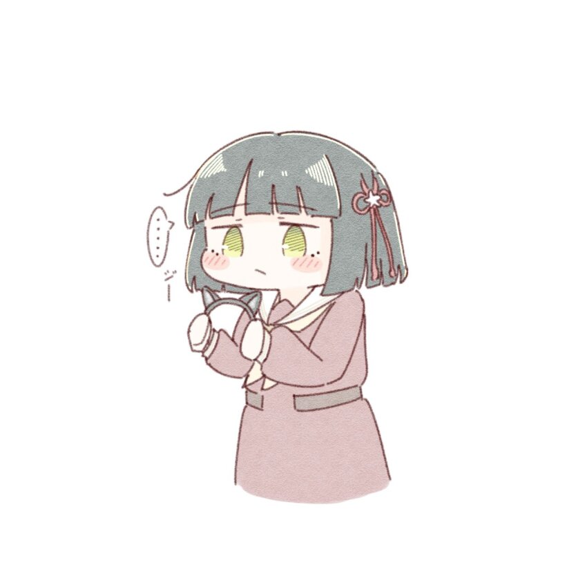... 1girl :/ amano_tatsu animal_ear_hairband animal_ears black_hair blunt_bangs blunt_ends blush bob_cut brown_dress cat_ear_hairband cat_ears closed_mouth commentary cropped_legs deformed dress fake_animal_ears flower flower_knot green_eyes hair_flower hair_ornament hairband hasu_no_sora_school_uniform highres holding_hairband link!_like!_love_live! long_sleeves love_live! momose_ginko neckerchief sailor_collar sailor_dress school_uniform short_hair simple_background solo sound_effects speech_bubble spoken_ellipsis staring virtual_youtuber white_background white_sailor_collar winter_uniform yellow_neckerchief