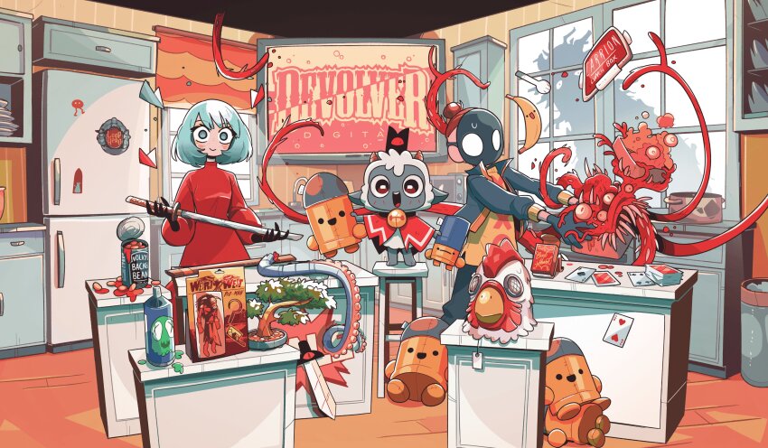 2boys 2girls absurdres alien apron baby_animal beans bird blue_hair box bullet_kin cabinet can canned_food cardboard_box carles_dalmau carrion_(game) character_doll character_request chicken closed_mouth cooking_pot copyright_request cult_of_the_lamb doll enter_the_gungeon gris gris_(character) highres holding holding_sword holding_weapon hotline_miami inscryption katana katana_zero kitchen lamb leshy looking_at_viewer loop_hero mask monster multiple_boys multiple_girls my_friend_pedro open_mouth plate red_crown_(cult_of_the_lamb) red_eyes refrigerator sheep smile spoon steam_(platform) stool stuffed_toy sweat sword the_lamb_(cult_of_the_lamb) weapon white_fur window
