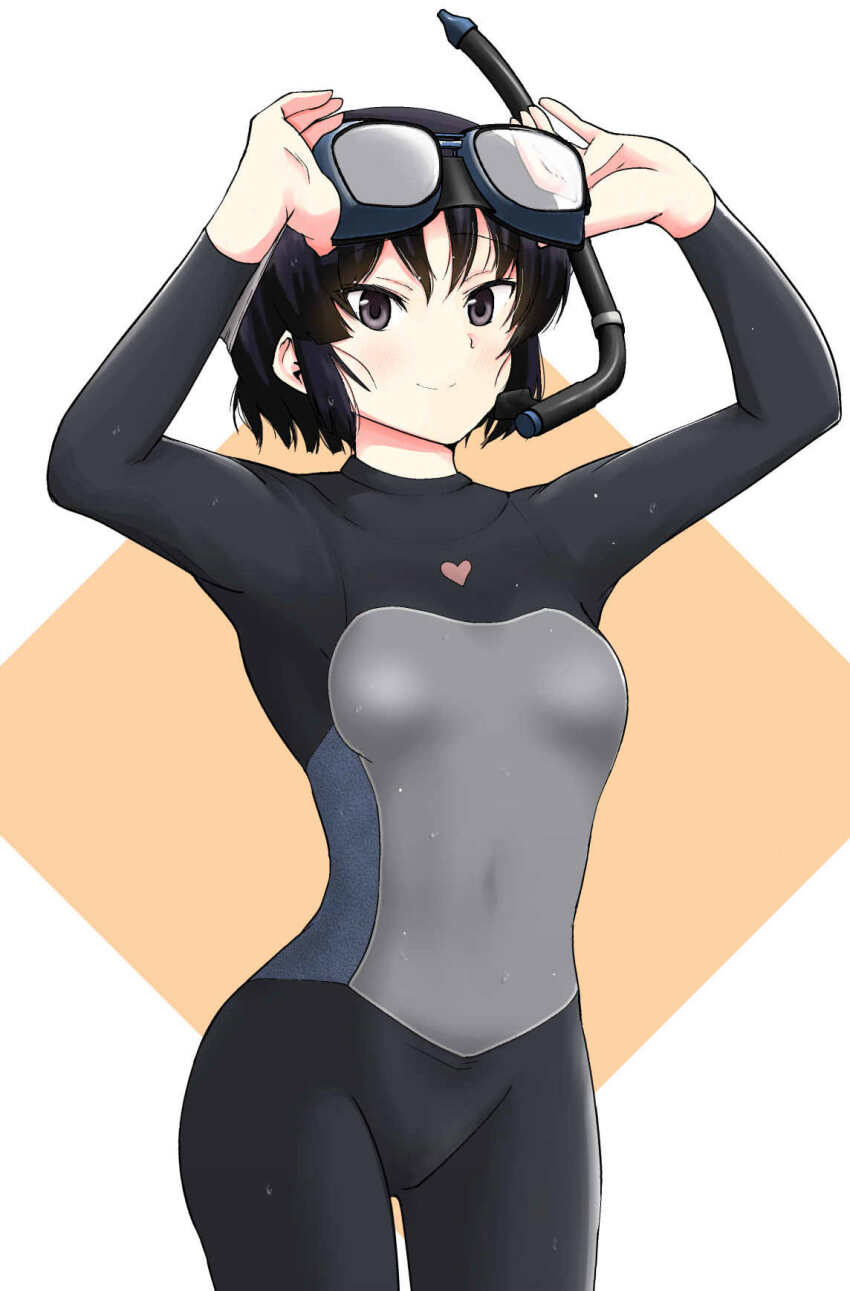 1girl adjusting_eyewear black_eyes black_hair bodysuit breasts closed_mouth commentary_request covered_navel cowboy_shot diving_suit goggles goggles_on_head heart highres kujou_meika looking_at_viewer meika-san_wa_oshikorosenai orange_background saitou_shouki short_hair small_breasts smile snorkel solo standing two-tone_background wet wetsuit white_background