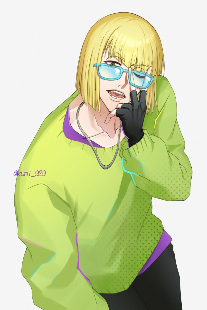 1boy bespectacled black_gloves bleach blonde_hair blue-framed_eyewear blunt_bangs blunt_ends bob_cut brown_eyes collarbone commentary cowboy_shot fingerless_gloves glasses gloves green_sweater hand_up highres hirako_shinji kuni_929 long_sleeves looking_at_viewer male_focus medium_hair one_eye_closed open_mouth piercing puffy_long_sleeves puffy_sleeves simple_background solo straight_hair sunglasses sweater symbol-only_commentary teeth tongue_piercing tsurime twitter_username v v-shaped_eyebrows v_over_eye white_background