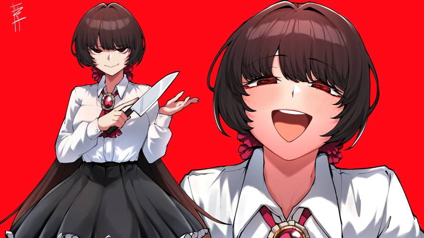 1girl absurdres black_skirt blush breasts brooch brown_hair buttons close-up closed_mouth collared_shirt cowboy_shot crazy_eyes dress_shirt epeulu_(ate5424) frilled_skirt frills highres holding holding_knife holding_weapon jewelry knife long_hair long_sleeves looking_at_viewer medium_breasts neckerchief open_mouth original red_background red_brooch red_eyes red_neckerchief shirt shirt_tucked_in signature simple_background skirt smile solo straight-on teeth upper_teeth_only very_long_hair weapon white_shirt