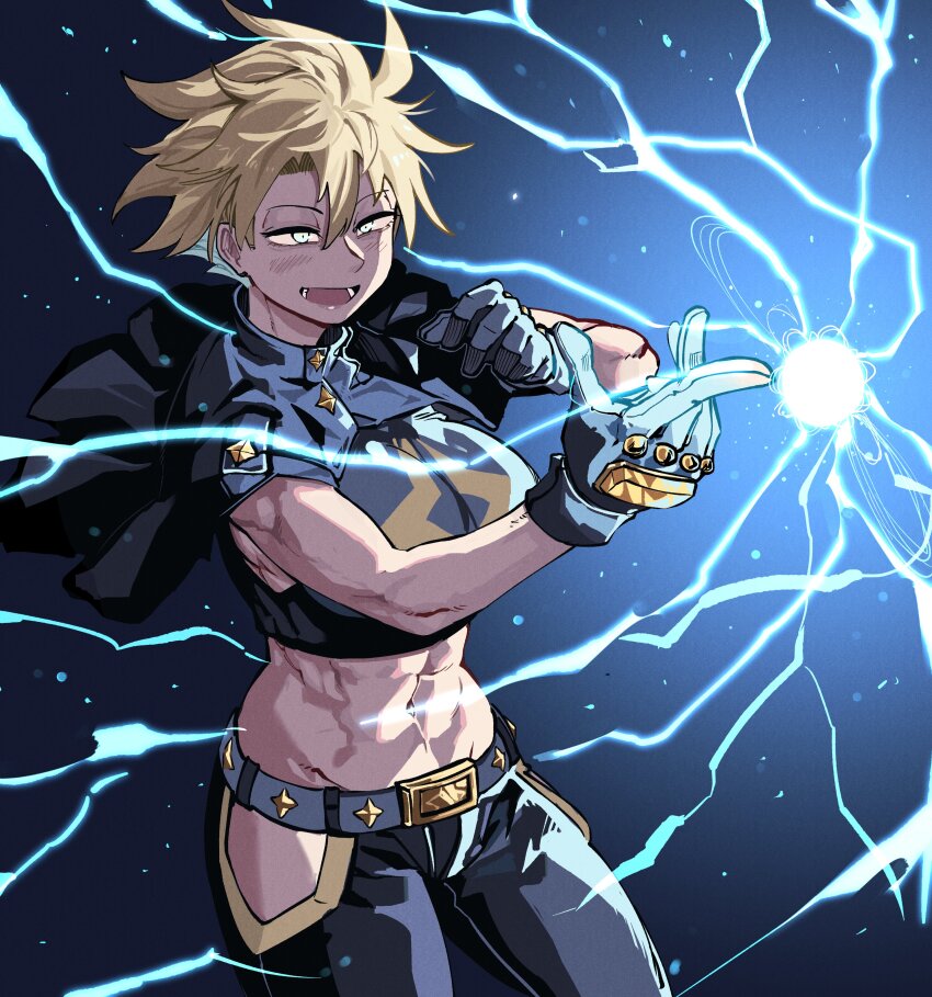 1girl abs absurdres antares_topaz belt blonde_hair blue_background capelet denim finger_gun gloves gradient_background highres hip_vent jeans lightning muscular muscular_female navel open_mouth original pants solo star_(symbol) topaz_(antares_topaz)
