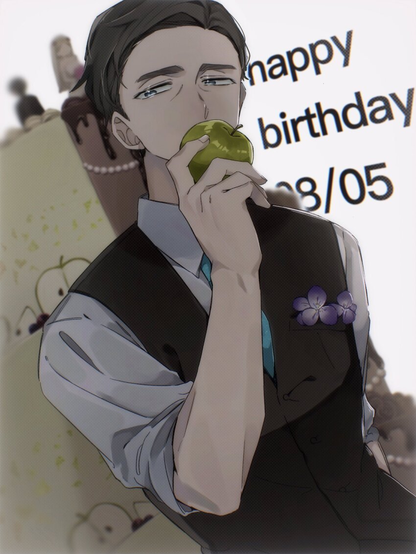1boy apple black_hair black_vest blue_eyes blurry boutonniere cake cake_decoration chocolate collared_shirt covering_own_mouth depth_of_field dutch_angle food formal_clothes fruit green_apple happy_birthday hashtag-only_commentary highres kouiro_516 male_focus milgram mukuhara_kazui parted_hair shirt short_hair sleeves_rolled_up solo upper_body very_short_hair vest wedding_cake white_background