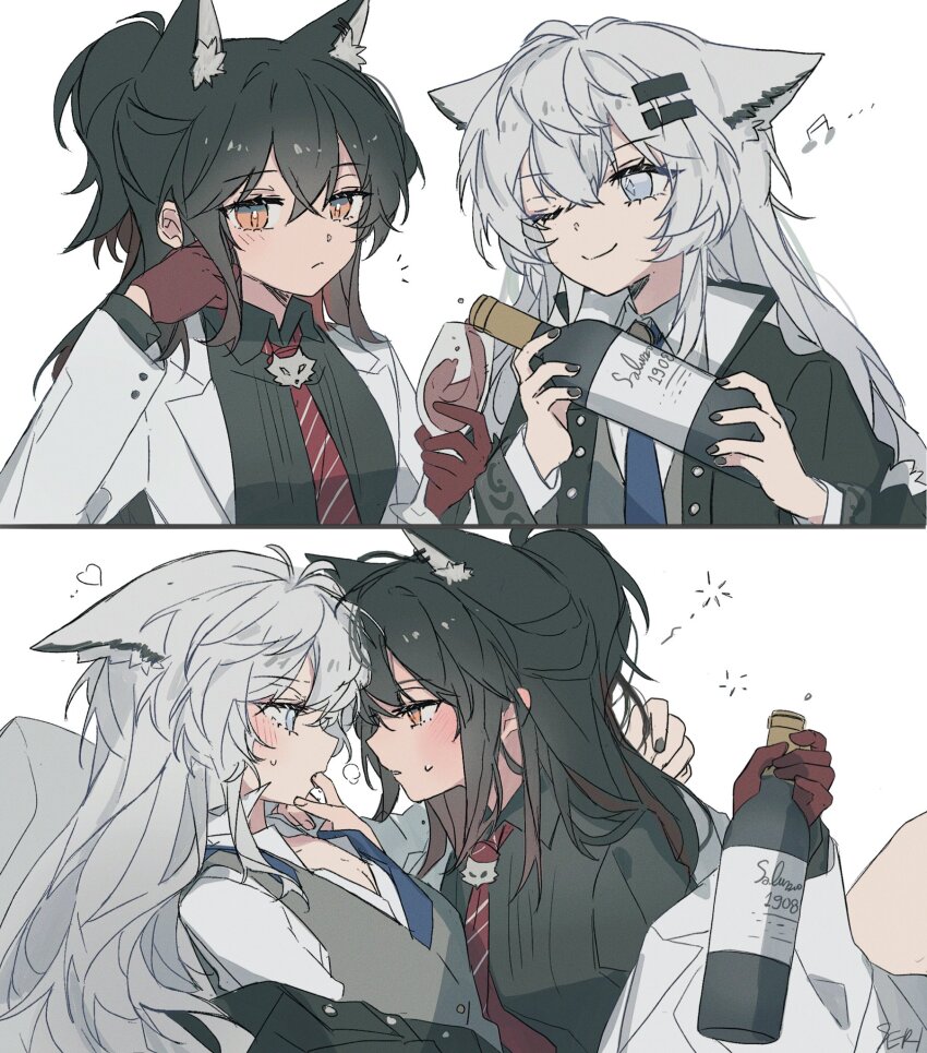 2girls alcohol animal_ears arknights black_coat black_hair black_nails black_shirt blue_eyes blue_necktie bottle closed_mouth coat collared_shirt commentary cup drinking_glass drunk eye_contact finger_in_another&#039;s_mouth gloves heart highres jacket lappland_(arknights) long_hair looking_at_another multiple_girls necktie one_eye_closed open_collar ponytail pouring red_gloves red_necktie red_wine seri_(vyrlw) shirt simple_background smile squeans symbol-only_commentary texas_(arknights) white_background white_hair white_jacket wine wine_bottle wine_glass wolf_ears yuri