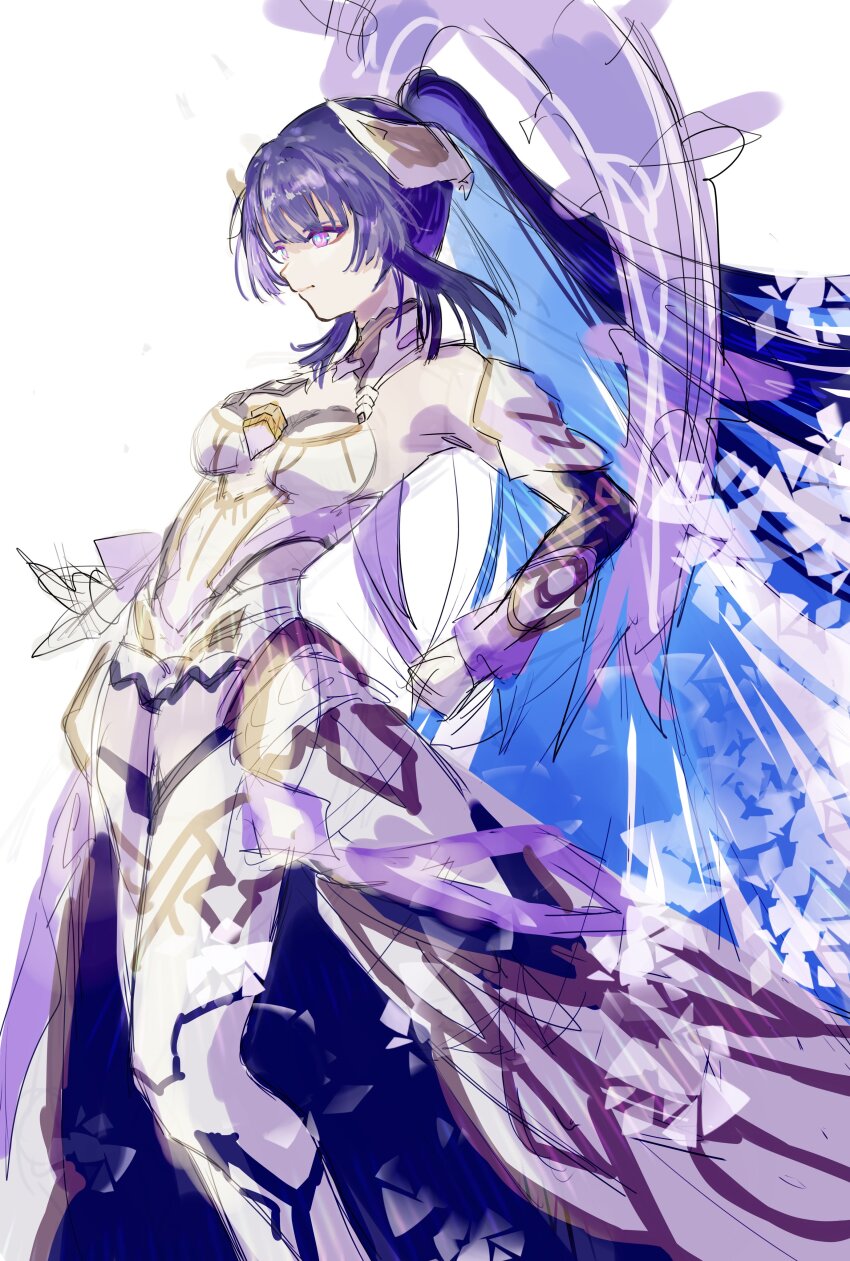 1girl absurdres birthday commentary duoyun_de_tiankong from_side hashtag-only_commentary high_ponytail highres honkai_(series) honkai_impact_3rd leotard long_hair ponytail purple_eyes purple_hair raiden_mei raiden_mei_(herrscher_of_origin) solo very_long_hair white_leotard