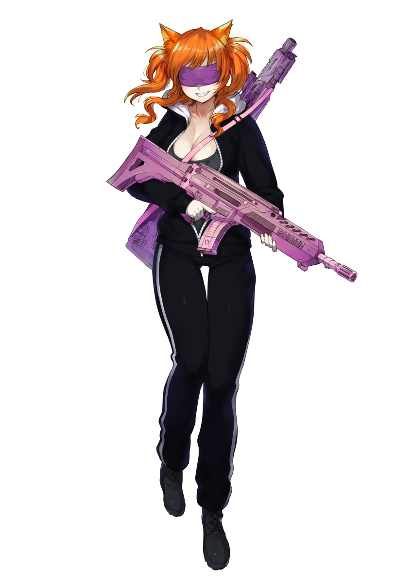absurdres animal_ears assault_rifle blindfold breasts cat_ears cat_girl crossover_nexus_project crossover_nexus_series full_body fx-05_xiuhcoatl gloves gun gun_on_back gun_sling highres isekai_monogatari_series jacket large_breasts long_sleeves lower_teeth_only mp-155 rifle sahara1127 shotgun teeth track_jacket trigger_discipline upper_teeth_only weapon weapon_on_back zovxa_(isekai_monogatari)