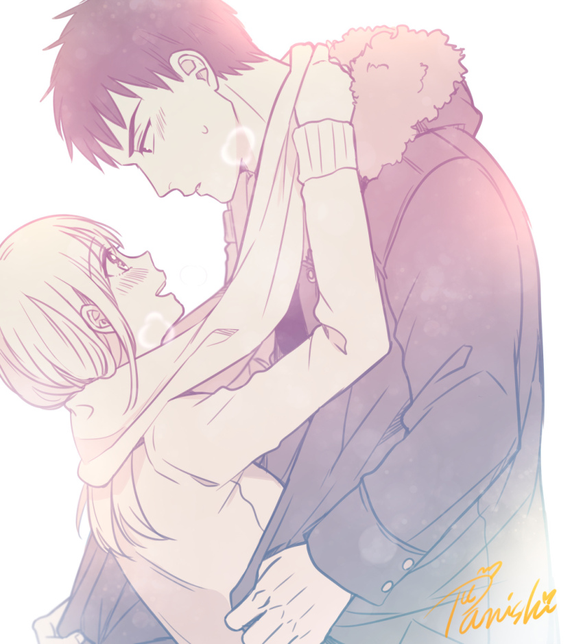 1boy 1girl breath coat commentary_request dressing_another eye_contact fujihashi_ryou hetero highres long_hair looking_at_another mizuno_souma scarf shared_clothes shared_coat shared_scarf short_hair simple_background tarou_(you-0512) upper_body very_short_hair white_background yubisaki_kara_no_honki_no_netsujou