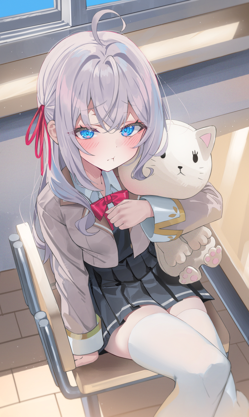 1girl :t absurdres ahoge alisa_mikhailovna_kujou black_skirt black_vest blazer blue_eyes blush bow bowtie chair classroom closed_mouth from_above grey_hair grey_jacket hair_ribbon highres hugging_doll hugging_object indoors jacket kerno lapels looking_at_viewer miniskirt notched_lapels on_chair pleated_skirt pout red_bow red_bowtie red_ribbon ribbon school_uniform seiren_academy_school_uniform sitting skirt solo stuffed_animal stuffed_cat stuffed_toy thighhighs tokidoki_bosotto_roshia-go_de_dereru_tonari_no_alya-san vest white_thighhighs zettai_ryouiki