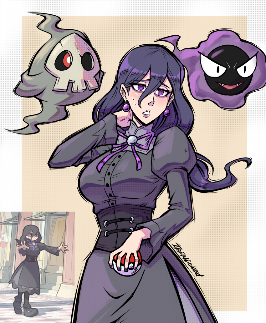 1girl @_@ absurdres arm_behind_head artist_name black_corset black_dress border breasts commentary corset dress duskull earrings english_commentary gastly gen_1_pokemon gen_3_pokemon ghost goth_fashion hair_between_eyes hex_maniac_(pokemon) hex_maniac_(pokemon_legends:_z-a) highres holding holding_poke_ball jewelry juliet_sleeves long_hair long_sleeves medium_breasts nervous nintendo official_art_inset parted_lips poke_ball poke_ball_(basic) pokemon pokemon_(creature) pokemon_legends:_z-a puffy_sleeves purple_eyes purple_hair purple_nails purple_ribbon ribbon solo sweat teiwicked white_border
