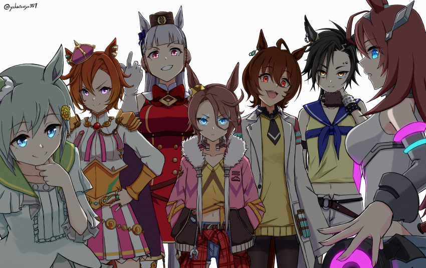 &gt;:) 6+girls :d absurdres agnes_tachyon_(umamusume) ahoge air_shakur_(umamusume) animal_ears asymmetrical_clothes bare_shoulders black_hair black_pantyhose black_shirt blue_eyes blue_pants blue_sailor_collar breasts brown_eyes brown_hair brown_hat brown_sweater chokin_tsucho closed_mouth collared_shirt commentary_request crown denim dress ear_covers eyebrow_piercing face_piercing flower fur-trimmed_jacket fur_trim gloves glowing glowing_eyes gold_ship_(umamusume) green_sailor_collar grey_hair hair_between_eyes hair_flower hair_ornament hat highres horse_ears jacket jeans lab_coat large_breasts leotard long_hair medium_breasts mihono_bourbon_(umamusume) mini_crown mini_hat multiple_girls narita_taishin_(umamusume) navel open_clothes open_mouth pants pantyhose parted_bangs piercing pink_jacket pleated_skirt purple_eyes red_dress red_eyes sailor_collar seiun_sky_(umamusume) shirt simple_background single_pantsleg skirt sleeveless sleeveless_shirt smile sweater t.m._opera_o_(umamusume) tilted_headwear twitter_username umamusume v-shaped_eyebrows very_long_hair white_background white_gloves white_leotard white_pantyhose white_shirt yellow_flower yellow_shirt
