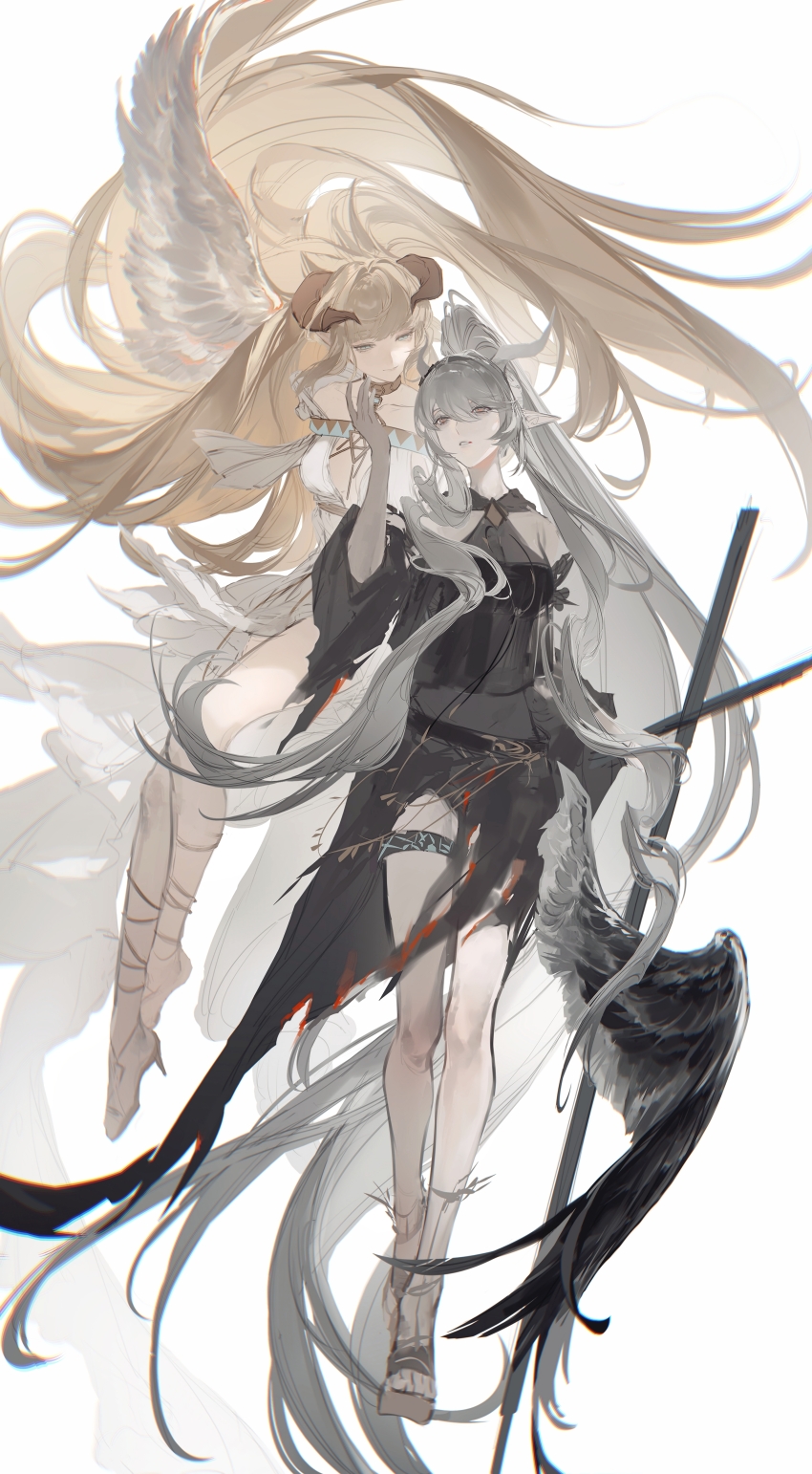 2girls absurdly_long_hair absurdres arknights black_dress blonde_hair chinese_commentary chunbuchou cloak commentary_request dress floating_hair grey_hair hair_spread_out highres horns horns_through_headwear infection_monitor_(arknights) long_hair multiple_girls nightingale_(arknights) nightingale_(iakhu_of_flows)_(arknights) official_alternate_costume pointy_ears ponytail shining_(arknights) shining_(silent_night)_(arknights) simple_background sword torn_clothes very_long_hair weapon white_background white_dress white_hair wings