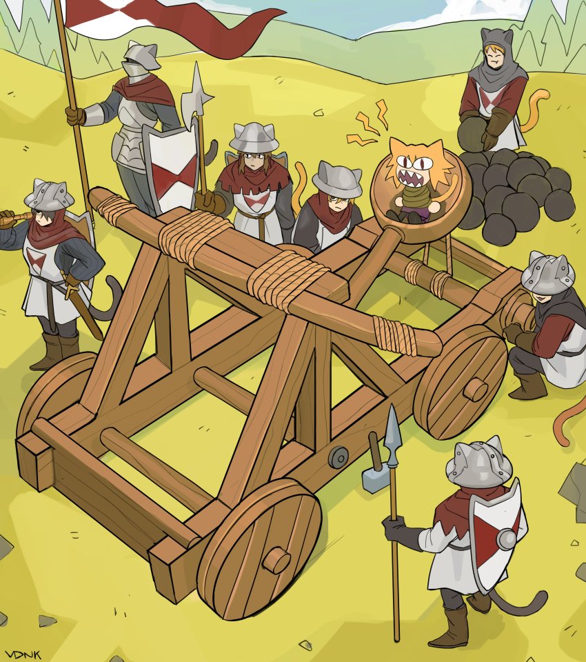 19vodnik absurdres animal_ears animal_ears_helmet animal_helmet bound cat_ears cat_girl cat_tail catapult flag halberd hammer helmet highres holding holding_weapon kettle_helm melty_blood neco-arc original polearm sharp_teeth shield soldier spear standard_bearer sword tail teeth tied_up_(nonsexual) tsukihime weapon