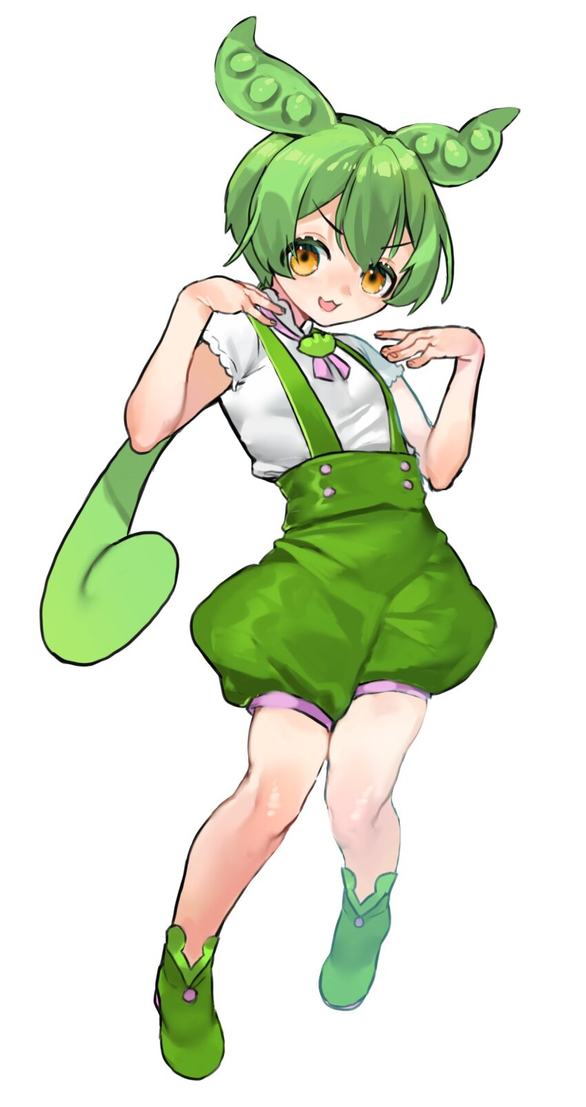 1girl absurdres full_body green_footwear green_hair highres looking_at_viewer open_mouth pink_ribbon ribbon shiratori_yokikana shirt short_hair short_sleeves simple_background solo suspenders voicevox white_background white_shirt zundamon