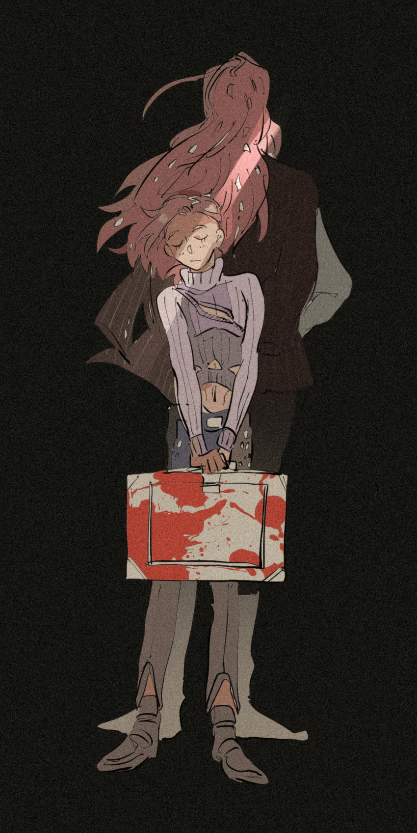 2boys back-to-back black_background blood blood_splatter diavolo closed_eyes highres jojo_no_kimyou_na_bouken long_hair male_focus motunikomi multiple_boys pink_hair suitcase sweater vento_aureo vinegar_doppio