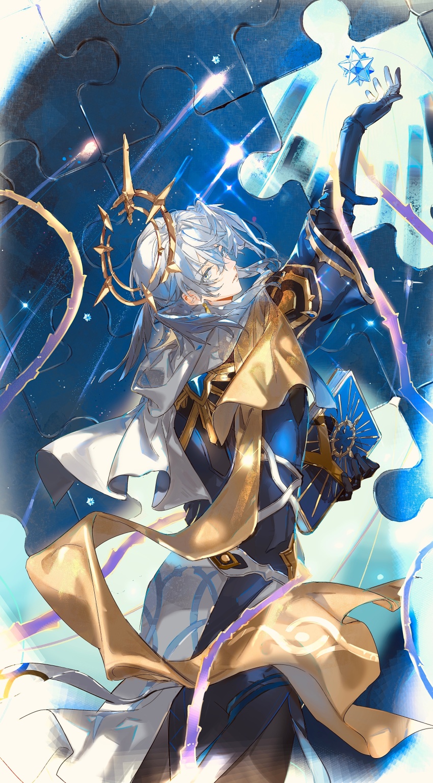 1boy absurdres arm_up black_gloves black_pants blue_jacket blue_pupils book cowboy_shot earrings feathered_wings from_behind gloves gold_earrings gold_trim grey_hair grey_wings hair_between_eyes halo halo_behind_head head_wings highres holding holding_book honkai:_star_rail honkai_(series) jacket jewelry long_scarf looking_at_viewer looking_back male_focus medium_hair multicolored_jacket multiple_wings outstretched_arm pants parted_lips puzzle_piece scarf solo spiked_halo stellated_octahedron sunday_(honkai:_star_rail) thorns three-quarter_sleeves two-tone_jacket two-tone_scarf violetpuppy1 white_jacket white_scarf wings yellow_eyes yellow_scarf