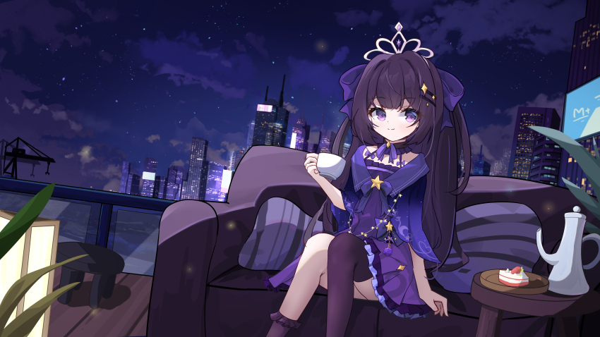 1girl absurdres amaki-aria building city_lights cityscape couch cup dress hair_ornament hairclip highres long_hair night night_sky on_couch original purple_eyes purple_hair railing single_thighhigh sitting sky smile solo thighhighs wooden_floor
