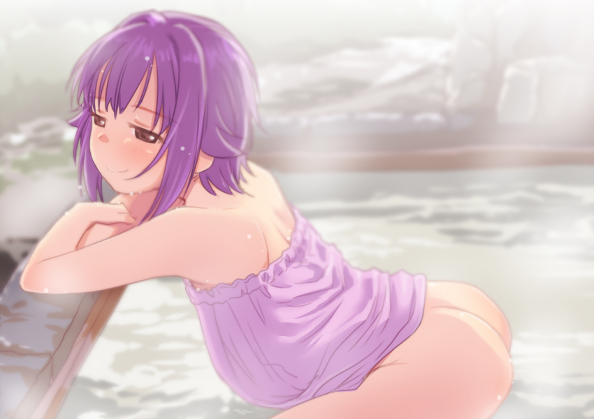 1girl ass bent_over brown_eyes butt_crack from_side hair_intakes half-closed_eyes idolmaster idolmaster_cinderella_girls koshimizu_sachiko light_blush onsen purple_hair sakaki_imasato short_hair sidelocks smile solo steam towel_around_waist wet
