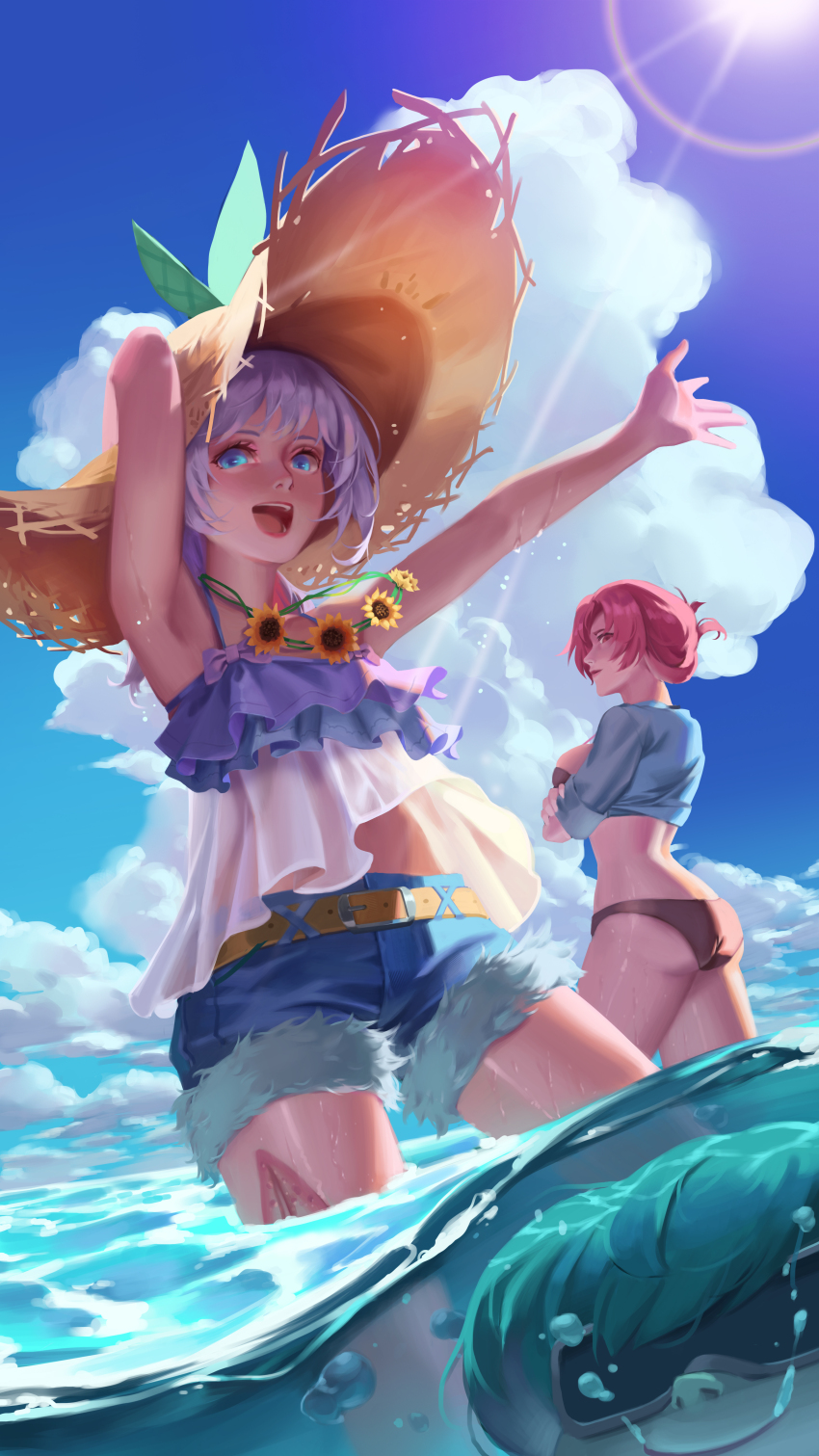3girls :d absurdres ai-chan_(honkai_impact) armpits ass beach bikini black_bikini blue_eyes blue_shorts blue_sky breasts closed_mouth cloud cloudy_sky denim denim_shorts double_bun flower goggles green_hair hair_bun hat highres honkai_(series) honkai_impact_3rd jacket large_breasts multiple_girls murata_himeko murata_himeko_(black_mamba) open_mouth outdoors red_eyes red_hair roko_desu shorts sky smile starfish straw_hat summer sun sunflower sunlight swimsuit theresa_apocalypse theresa_apocalypse_(shallow_sunset) theresa_apocalypse_(valkyrie_pledge) water white_hair white_jacket