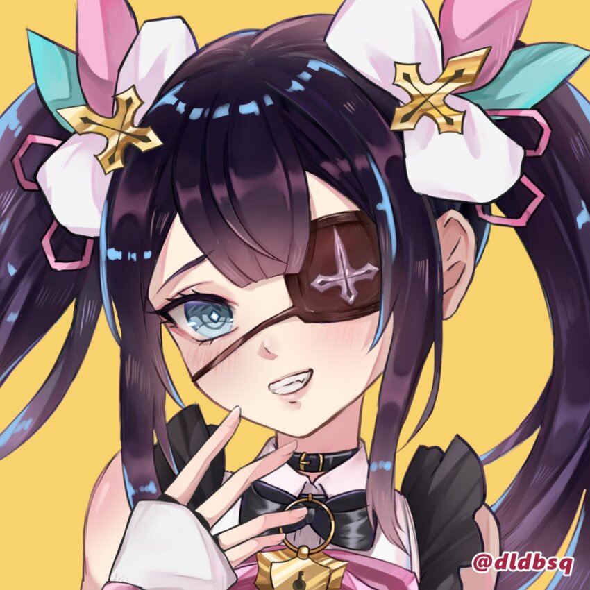 1girl artist_name belt_collar black_bow black_bowtie black_collar blue_eyes blush bow bowtie brown_dust_(series) brown_dust_2 collar cross_hair_ornament diamond-shaped_pupils diamond_(shape) dldbsq dress eyebrows_hidden_by_hair eyepatch flat_chest grin hair_ornament hair_scrunchie highres layla_(brown_dust) lips lock_necklace looking_at_viewer open_mouth purple_hair scrunchie simple_background smile solo symbol-shaped_pupils twintails upper_body yellow_background