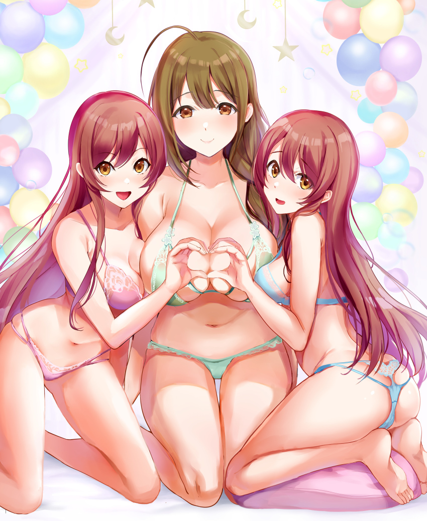 3girls absurdres ahoge ass asymmetrical_docking barefoot blue_bra blue_panties bra braid breast_press breasts brown_eyes brown_hair cleavage feet green_bra green_panties heart heart_hands heart_hands_duo highres idolmaster idolmaster_shiny_colors kneeling kuwayama_chiyuki large_breasts long_hair looking_at_viewer maumen multiple_girls navel osaki_amana osaki_tenka open_mouth panties pink_bra pink_panties siblings sisters smile soles thigh_gap thighs toes twins underwear underwear_only