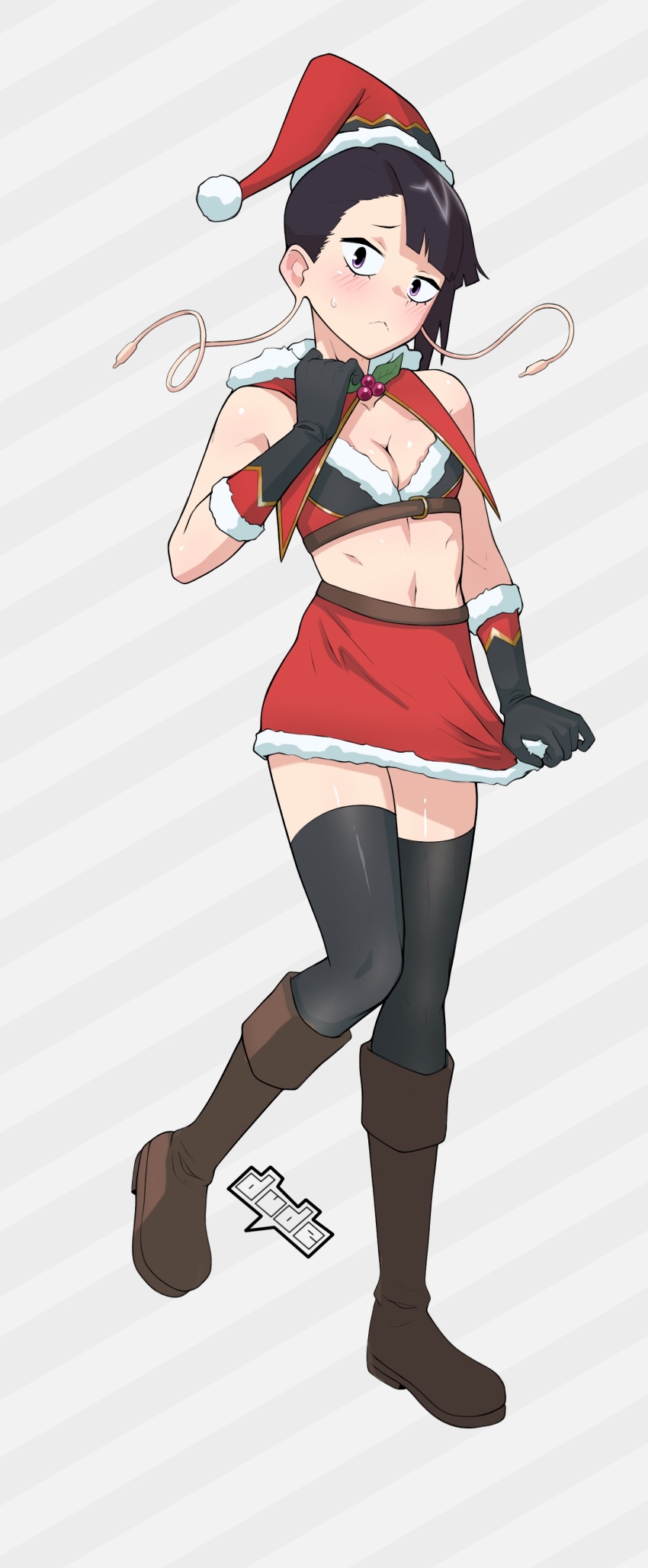1girl absurdres artist_name audio_jack black_hair blush boku_no_hero_academia boots breasts christmas cleavage commission dress dude-doodle fur_trim gloves hat highres jiro_kyoka long_earlobes looking_at_viewer midriff mistletoe navel purple_eyes santa_costume santa_dress santa_hat short_hair small_breasts sweatdrop thighhighs