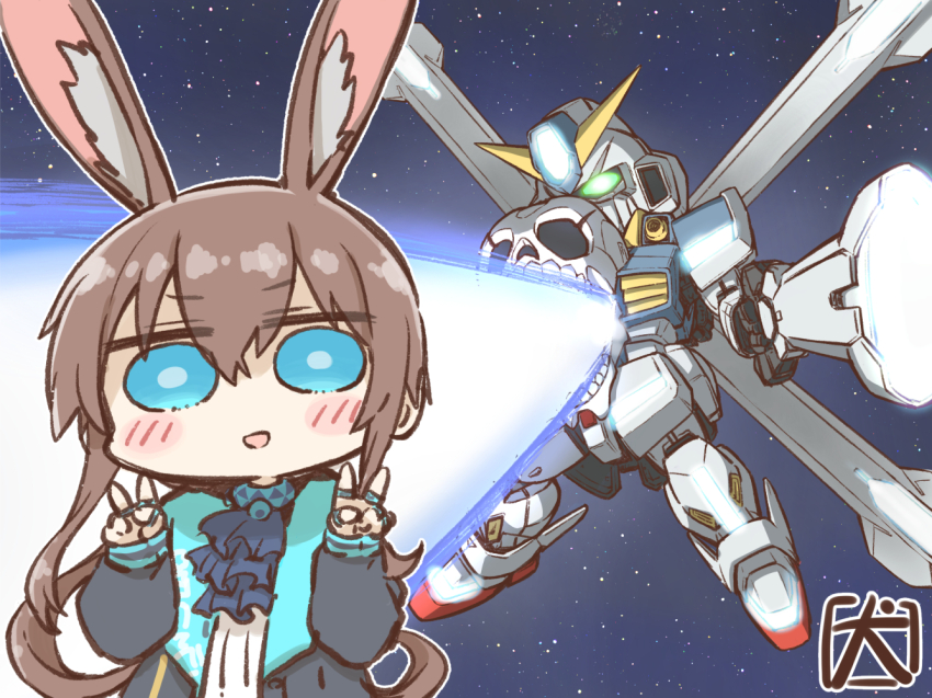 1girl akanotanin13 amiya_(arknights) animal_ears arknights ascot black_jacket blue_ascot blue_eyes brown_hair chibi crossbone_gundam crossbone_gundam_maoh double_v gundam gundam_build_fighters hair_between_eyes jacket jewelry long_hair long_sleeves looking_at_viewer mecha multiple_rings open_clothes open_jacket rabbit_ears rabbit_girl ring robot signature smile solo space thumb_ring v