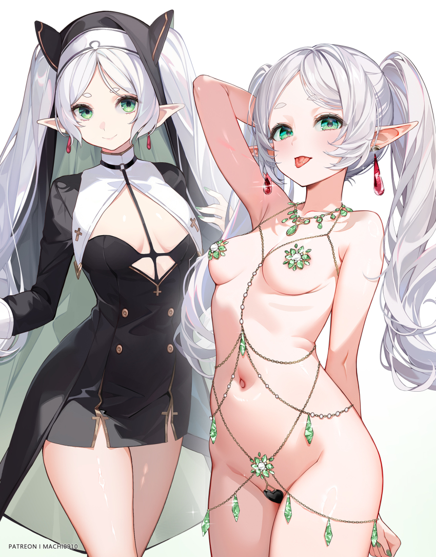 1girl :p absurdres arm_behind_head belly_chain black_dress blush body_jewelry breasts breasts_out cleavage closed_mouth commentary_request covered_erect_nipples covered_pussy dress earrings elf floating_earring frieren gem green_eyes green_gemstone grey_hair habit heart_maebari highres jewelry long_hair looking_at_viewer machi_(machi0910) maebari naked_jewelry navel necklace nun paid_reward_available parted_bangs patreon_username petite pointy_ears short_eyebrows small_breasts smile solo sousou_no_frieren stomach tongue tongue_out twintails white_background white_hair