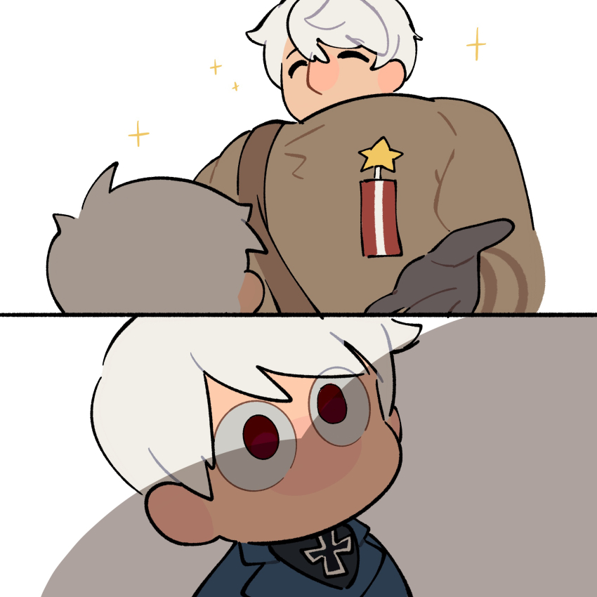 2boys awestruck axis_powers_hetalia beckoning chibi hair_between_eyes highres large_pectorals male_focus multiple_boys muscle_awe muscular muscular_male outstretched_hand pectorals prussia_(hetalia) russia_(hetalia) short_hair sibi2028_boob_shadow_(meme) sparkle sparkling_aura tsunamio7 upper_body white_hair yaoi