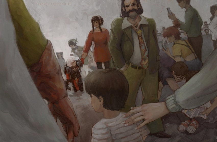 adepta_sororitas artist_name black_hair brown_gloves character_request disco_elysium facial_hair genshin_impact gloves green_jacket hairband harry_du_bois jacket leaning_forward misty_(pokemon) mutton_chops necktie neeloneko pants reading red_shoes shirt shoes sneakers spy_x_family striped_clothes striped_shirt venti_(genshin_impact) warhammer_40k white_hair white_nails yor_briar