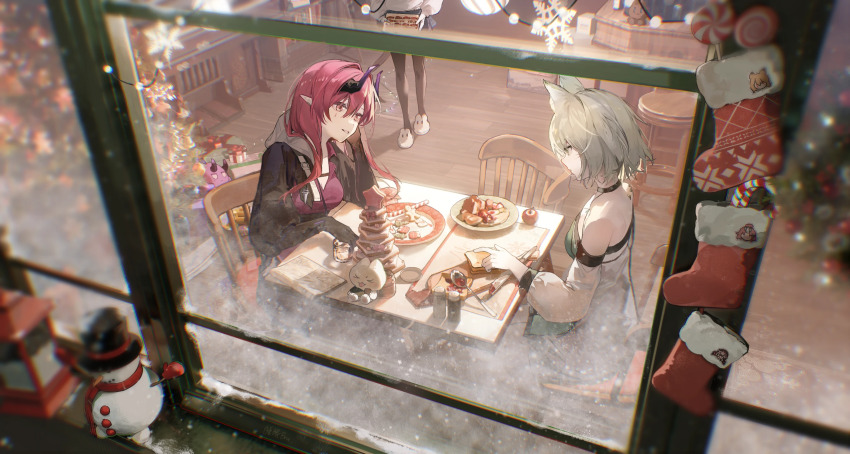 3girls amiya_(arknights) animal_ears animal_slippers apple arknights ascalon_(arknights) bare_shoulders black_jacket blurry box bread bread_slice breasts bubble_(arknights) bunny_slippers candy candy_cane ceobe_(arknights) chair christmas christmas_ornaments christmas_tree chromatic_aberration cleavage commentary cup depth_of_field dragon_bubble_(arknights) dress drink english_commentary eru_daydream food from_outside fruit fur_trim gift gift_box gingerbread_man grey_eyes grey_hair hair_between_eyes highres indoors jacket jam kal&#039;tsit_(arknights) long_hair long_sleeves looking_at_food material_growth mini_snowman multiple_girls on_chair oripathy_lesion_(arknights) pink_eyes pink_hair pink_shirt plate pointing pointy_ears popukar_(arknights) profile shirt short_hair sitting slippers smile snow snowing snowman spoon star_(symbol) star_symbol_background table teardrop_facial_mark toast white_dress window winter wooden_chair wooden_table