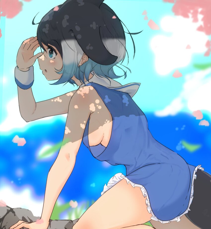 1girl animal_ears black_hair blonde_hair blowhole blue_eyes blue_hair blush breasts cetacean_tail common_dolphin_(kemono_friends) dolphin_girl dorsal_fin dress fins fish_tail gakukuru highres kemono_friends kemono_friends_3 medium_breasts multicolored_hair no_bra open_mouth sailor_collar short_hair sideboob sleeveless solo tail white_hair
