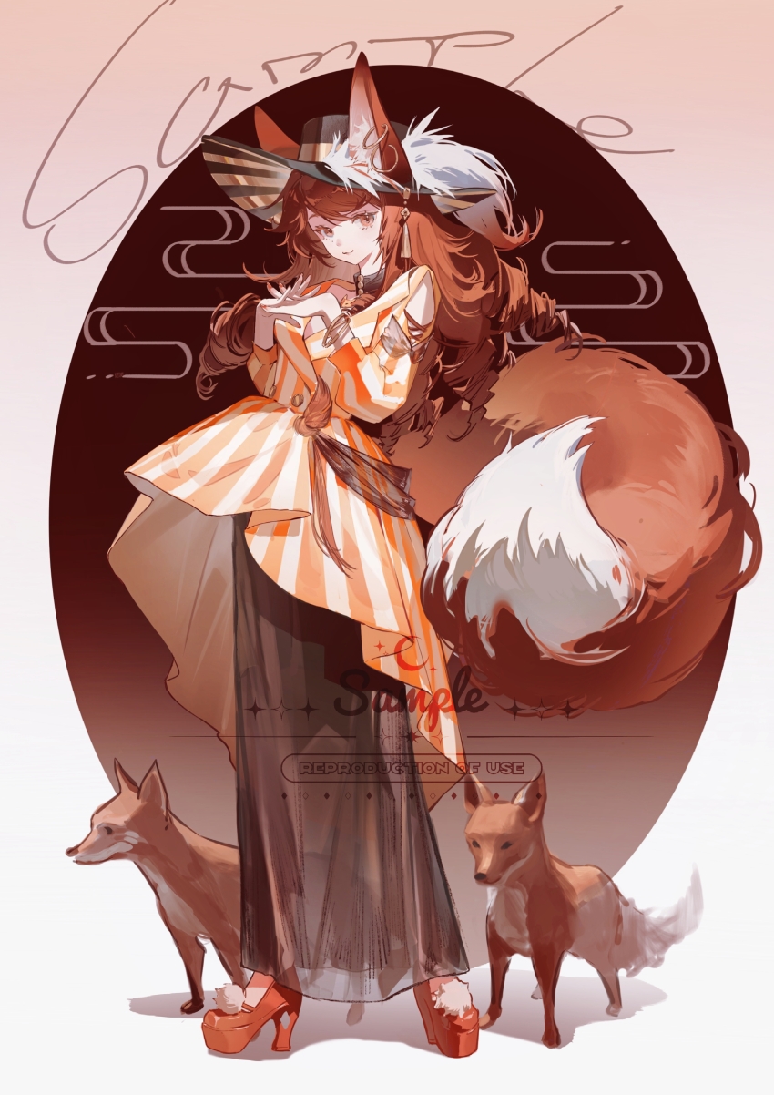 1girl absurdres animal_ear_fluff animal_ear_piercing animal_ears bare_shoulders black_dress black_hat black_sash buttons chel_qiu chinese_commentary closed_mouth clothing_cutout collared_dress commentary_request dress earrings ears_through_headwear eyelashes fox fox_ears fox_girl fox_tail full_body gold_earrings gradient_background hat hat_feather hat_tassel high_heels highres hoop_earrings interlocked_fingers jewelry lapels layered_dress long_dress long_sleeves medium_dress nail_polish notched_lapels orange_background orange_dress orange_eyes orange_nails orange_shoes original oval own_hands_together pom_pom_(clothes) procreate_(medium) pumps sample_watermark sash shadow shoes shoulder_cutout smile solo standing striped_clothes striped_dress striped_headwear tail turtleneck turtleneck_dress two-sided_fabric two-sided_headwear two-tone_dress vertical-striped_clothes vertical-striped_dress vertical-striped_headwear waist_sash watermark white_background white_dress yellow_hat