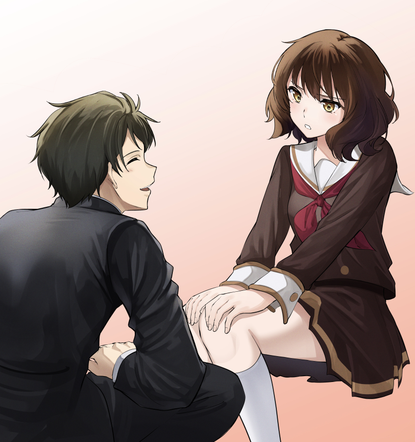 1boy 1girl absurdres akane_(tgixb) brown_hair fluffy_hair hands_on_own_knees hibike!_euphonium highres looking_at_another medium_hair oumae_kumiko school_uniform short_hair sitting smile squatting tsukamoto_shuuichi yellow_eyes