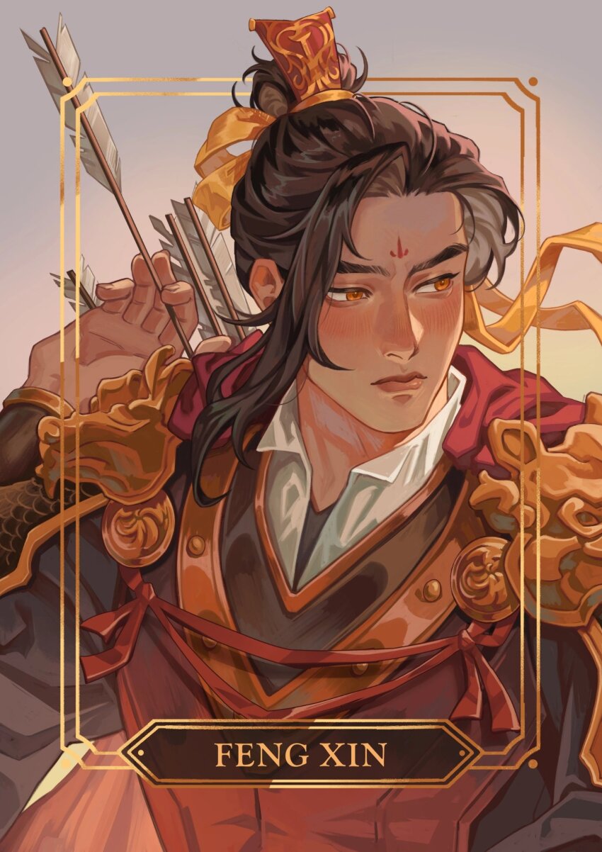 1boy analogous_colors armor arrow_(projectile) asymmetrical_bangs border brown_hair brown_hanfu cape card_(medium) chinese_armor chinese_clothes closed_mouth frown gold_border gradient_background grey_background hair_bun hair_ornament hair_ribbon hanfu highres huadian inset_border long_hair male_focus ornate_border portrait quiver red_cape ribbon shoulder_armor single_hair_bun solo tianguan_cifu verbartt weapon xiao_guan_(headdress) yellow_eyes yellow_ribbon